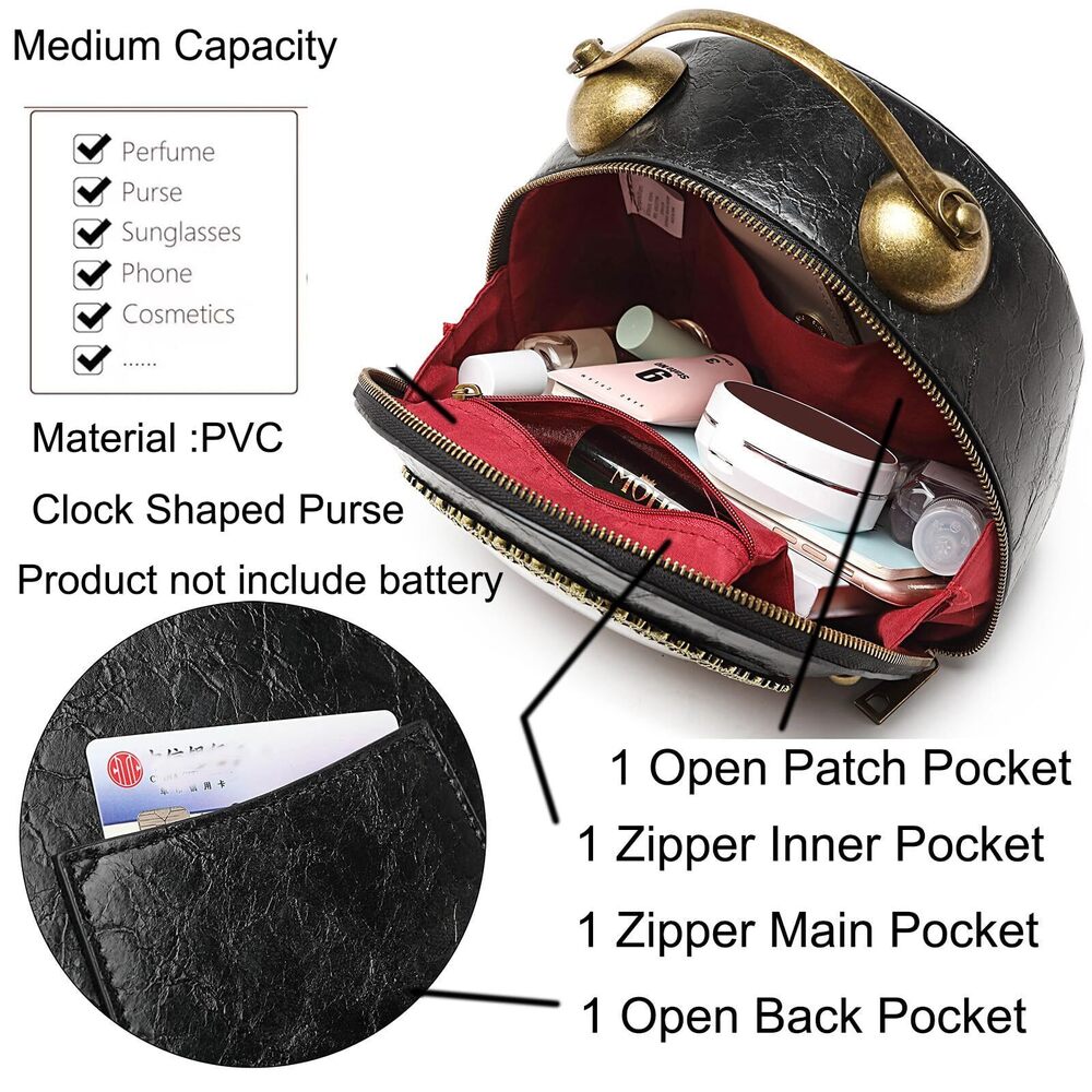 6626 PVC Clock Shaped Handbag Crossbody Shoulder Bag Clock Purse, 1 Black - Picture 5 of 7